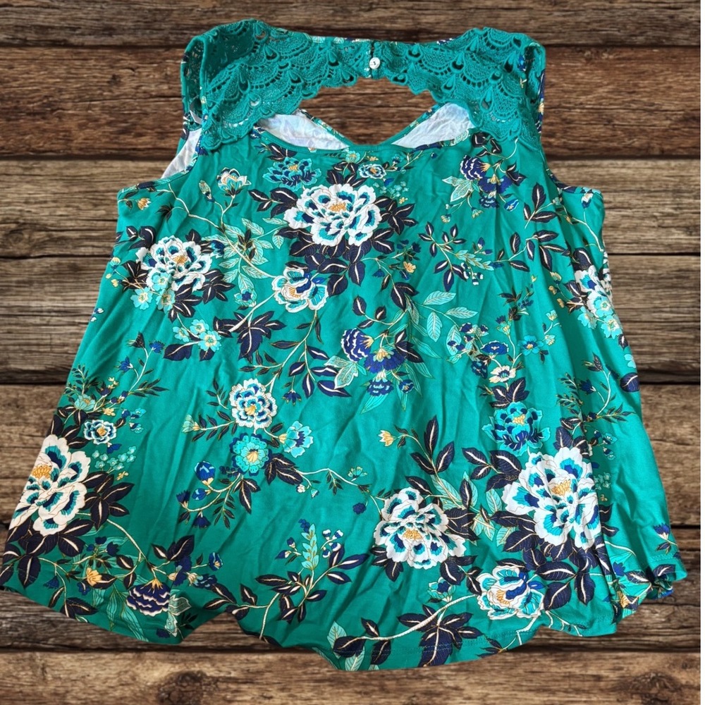 Daniel Rainn Teal Green Floral Crochet Lace Top Bohemian Feminine Botanical 1X - Picture 6 of 11